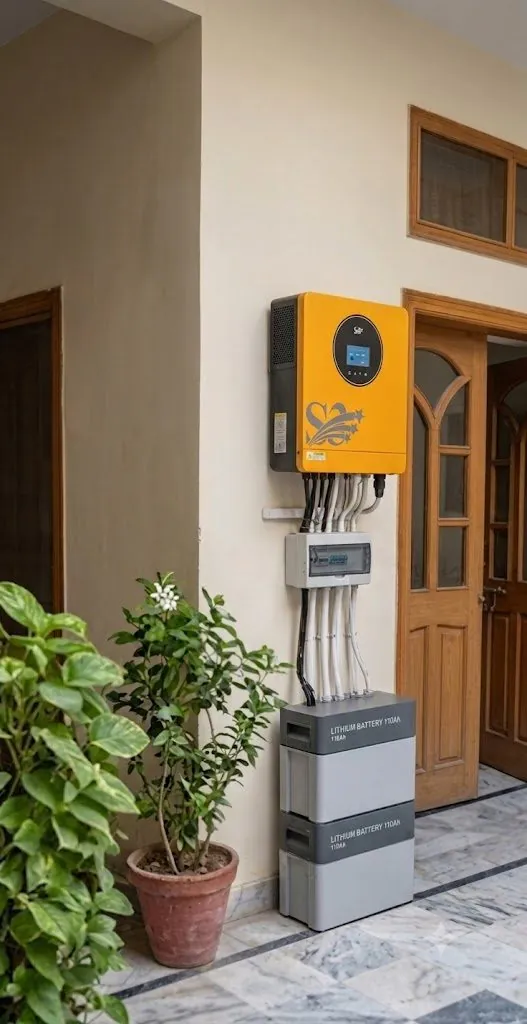 S3 Solar hybrid inverter and battery bank installed at a home entrance